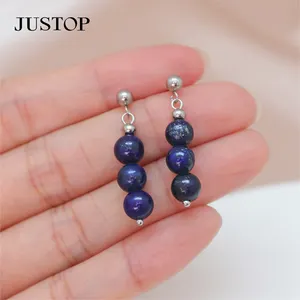 Natural Woman Gems Round Bead Dangle Ball Earring Female Jewelry Gifts 316 Stainless Steel Gemstone Round Beaded Drop Earrings