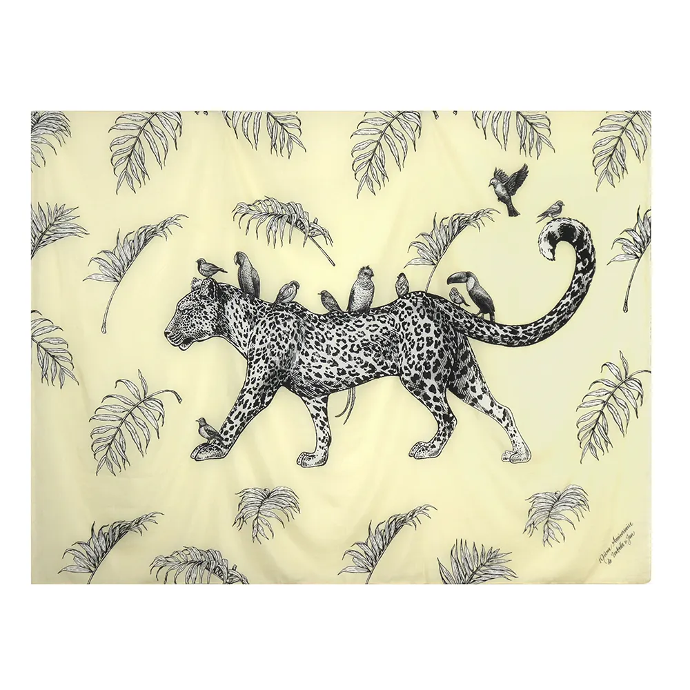 Light Yellow Palm Leaf Design Women Summer Beach Silk Cotton Chiffon Scarf Personalized Large Bird Leopard Print Shawls for Sale