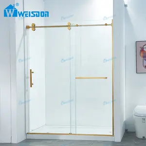 OEM ODM pintu Pancuran kamar mandi tanpa bingkai baja tahan karat kaca Tempered geser tunggal emas disikat