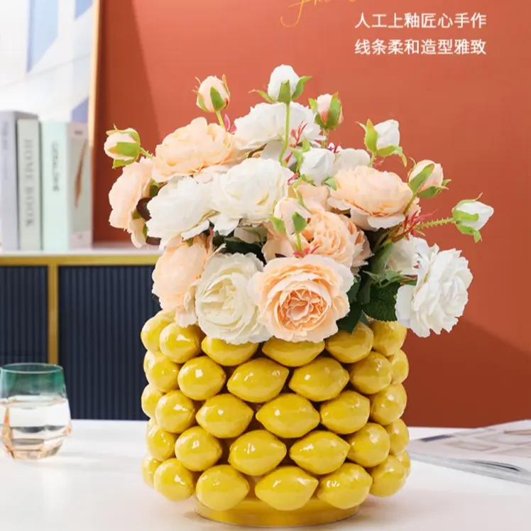 가정용 북유럽 인공 꽃 도자기 꽃병 레몬 디자인 아트 꽃병 수제 디자인 빈티지 플로리 테이블베이스 실내