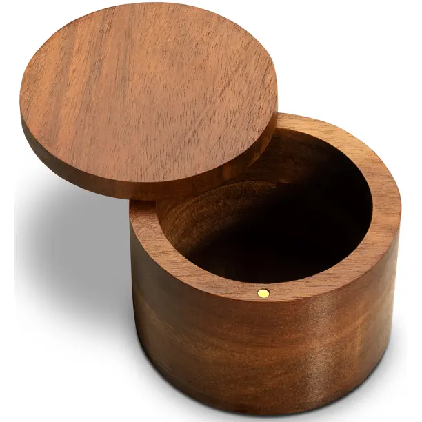 High Quality Natural Acacia Wood Round Salt Box With Magnetic Swivel Lid