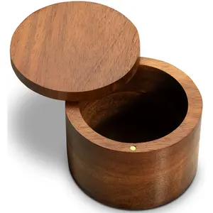 High Quality Natural Acacia Wood Round Salt Box With Magnetic Swivel Lid