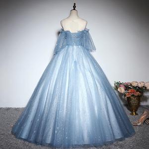 Blue Off Shoulder Tulle Ball Gown With Floral Embroidery For Women Stage Performance Dress Long <b>Skirt</b> - Product Image 3