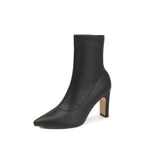 Bottines pour femmes à bout pointu en cuir véritable noir, à enfiler, doublées de fourrure, à talon haut, courtes, pour l'automne - Product Image 5