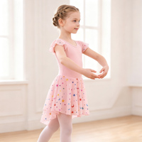 Justaucorps de ballet pour filles à manches volantées, jupe imprimée étoiles et lunes, tenue de danse pour tout-petits en spandex respirant pour la pratique et les récitals