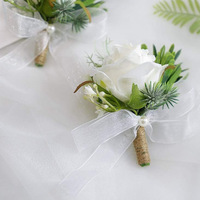 Penjualan Panas Bunga Pernikahan Putih Mewah Modern Vintage Elegan, Bunga Mawar Sutra Buatan Warna Ivory, Set Corsage Pergelangan Tangan & Boutonniere Pria