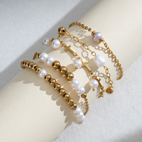 Bracelet en chaîne croisée dorée Grace avec perles, cinq breloques perles pendantes, motif croix, perles ajustables, bijoux fantaisie pour femme