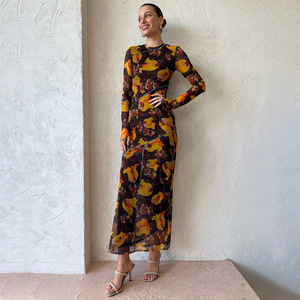 Vestido Transparente Estampado Estilo Europeo Americano para Mujer, Manga Larga, Cuello Alto, Abertura Lateral, Falda Maxi, Vestido de Noche Elegante - Product Image 2