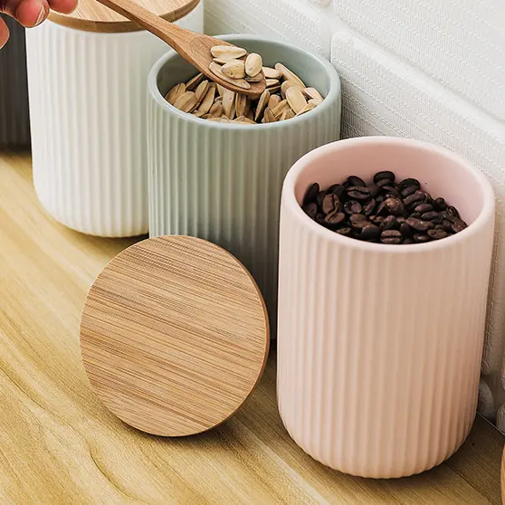 Contenitore per vasetti in ceramica <span class=keywords><strong>di</strong></span> design nordico per tè e zucchero da cucina con coperchio in legno
