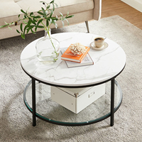 Meubles de salon modernes, table basse ronde à 2 niveaux en métal noir, plateau en verre transparent miroir