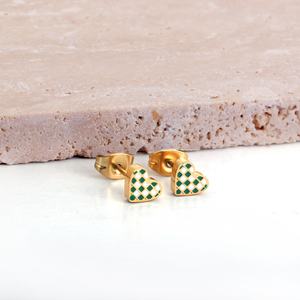 Nouveautés : Boucles d'oreilles clous en acier inoxydable plaqué or 18 carats pour femmes, bijoux fantaisie en gros, boucles d'oreilles clous émaillées à motif écossais - Product Image 2