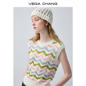 VEGA CHANG Color Block Wave Striped Knit Vest for Women Sleeveless Crochet Tank Top Crew <strong>Neck</strong> Casual Sweater - Product Image 2