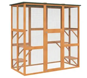 Large wooden outdoor cat enclosure with weather protection, with 6 platforms