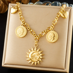European American Punk Sun Face Coin Heart Pendant Chain Stainless Steel Chunky Necklace Gift - Product Image 1