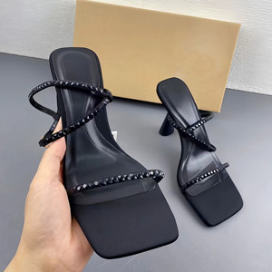 Women's French-style Casual <b>Backless</b> Sandals with Square Toe, Single Strap, Rhinestones and Cup Heels - Product Image 2