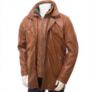 Manteau en cuir véritable marron pour homme avec col en fourrure, veste en cuir de vachette à double fermeture éclair, poches personnalisées, classique, chaud pour l'hiver, nouveau look - Product Image 1