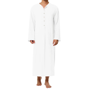 Camicia da Notte da <span class=keywords><strong>Uomo</strong></span> in Cotone Bianco a Maniche Lunghe con Bottoni Frontali, Vestaglia Henley Vestibilità Ampia con Tasche e Spacchetti Laterali, Pigiama da <span class=keywords><strong>Uomo</strong></span> - Product Image 1