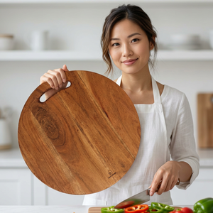 Round <b>Wooden</b> Chopping Board With Handle Kitchen Cutting Block Anti Slip Single <b>Piece</b> - Product Image 1