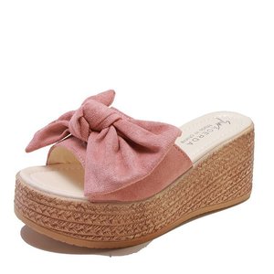 Sandales d'été compensées en daim pour femme <span class=keywords><strong>avec</strong></span> nœud, semelle épaisse et légère en éponge, et fermeture à bouton - Product Image 1