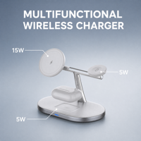 Station de charge sans fil magnétique rapide 3-en-1 avec 15W QC3.0/PD pour téléphones, montres intelligentes et écouteurs (Type-C)