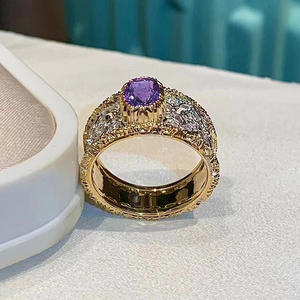 Anello da Cocktail da Donna T0230 con Ametista Naturale Ovale, Montatura a Pavé e Design Floreale, Anelli di Moda per Matrimonio - Product Image 5