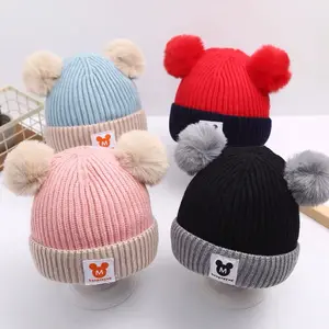 Infantile Del Bambino Del Cappello Di Lana di Colore Puro Inverno Torsione Doppia Pom Pom Berretti A Maglia Cap