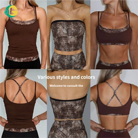 Ensemble de yoga 2 pièces sans coutures à bretelles en Y, col en V, patchwork léopard, short de sport côtelé froncé extra lourd 480g