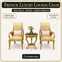 Fauteuil décontracté en bois massif français, chaise de salon en tissu européen, chaise de balcon sculptée, brodée, idéale pour les villas de luxe