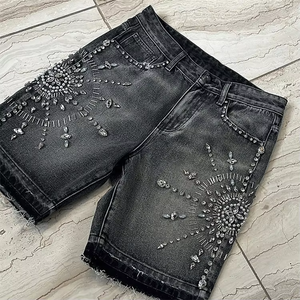 Shorts en jean pour hommes de haute qualité fabriqués par le fabricant, en coton vintage, avec logo personnalisé en strass, lavage à l'acide, délavé au soleil, shorts Jort - Product Image 4
