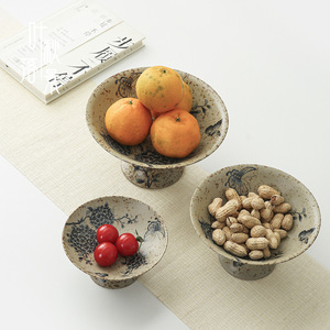 Plat à fruits haut en céramique de style rétro chinois, bol rond en poterie pour table basse de salon, service de desserts et de collations pour fêtes et occasions - Product Image 1
