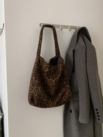 Sac à main à bandoulière unique en velours côtelé à imprimé léopard de style coréen pour femmes, sac de travail de grande capacité