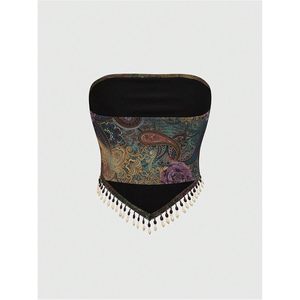 FOXA Women's Boho Fringe Tube <b>Top</b> Paisley Print Retro Bandeau <b>Crop</b> <b>Top</b> Concert Outfit Woven <b>Tassel</b> Decoration - Product Image 3