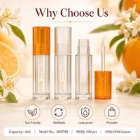 ISMAN Vente en gros de contenants transparents ronds pour gloss à lèvres de 4 ml, couleur orange, avec un grand pinceau triangulaire, tube pour gloss à lèvres, emballage personnalisé avec logo