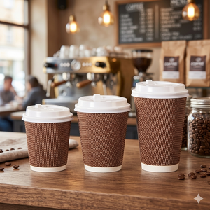 Gobelets à café jetables en papier synthétique à double paroi ondulée isolée avec couvercle et logo personnalisé - Product Image 1