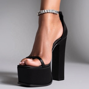 Sandales à plateforme épaisse pour femmes, bout carré ouvert, talons hauts épais, diamants, été, noires, à bride unique, couleurs personnalisées - Product Image 2