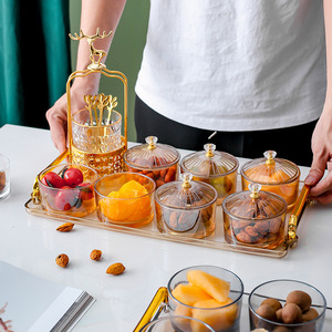 Plato de cristal con compartimentos y tapa, juego de 6 tarros, bandejas para aperitivos, frutos secos, plato para servir en mesa de centro, uso doméstico - Product Image 1