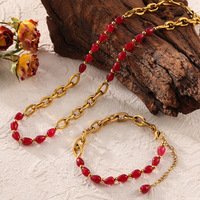 Agate rouge grenat perlé de luxe élégant de style chinois Cadeau de mariage Collier en acier titane plaqué or Ensemble de bijoux de mode