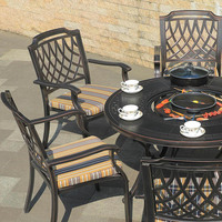 Ensemble de salle à manger d'extérieur moderne en aluminium 7 pièces avec 6 chaises, table ronde, résistant aux UV, empilable, pour hôtel, entrée et salon