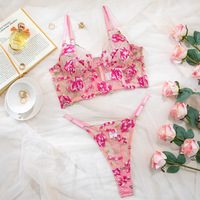 Pakaian Dalam Wanita Seksi Lingerie Bordir Bunga Pink Bahan Mesh Transparan Bra Longline Berkawat dan Thong Set Dua Potong dengan Boning