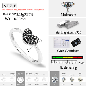 แหวนเพชรรูปหัวใจประดับอัญมณีสีขาว925สีเงินสเตอร์ลิงสีดำ VVS Moissanite ประดับเพชรสำหรับเป็นของขวัญ - Product Image 5