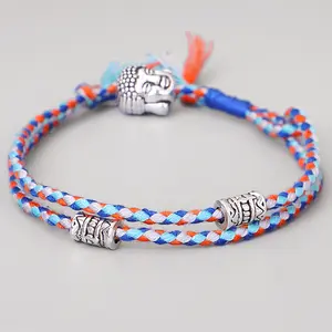 Vintage Multi Color Geflochtene Paar Armband Schmuck Silber Tibet Ethnische Buddha Kopf Slider Charm Armbänder für Frauen Männer