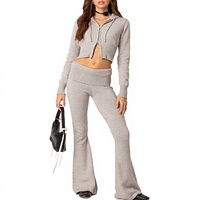 Ensemble Lounge Femme 2 Pièces en Tricot : Sweat à Capuche Court Zippé à Manches Longues avec Cordon de Serrage et Pantalon Évasé