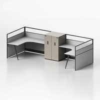Poste de travail de bureau en L pour 2 personnes avec écran de séparation et armoire de rangement partagée, bureau modulaire pour espace de travail ouvert