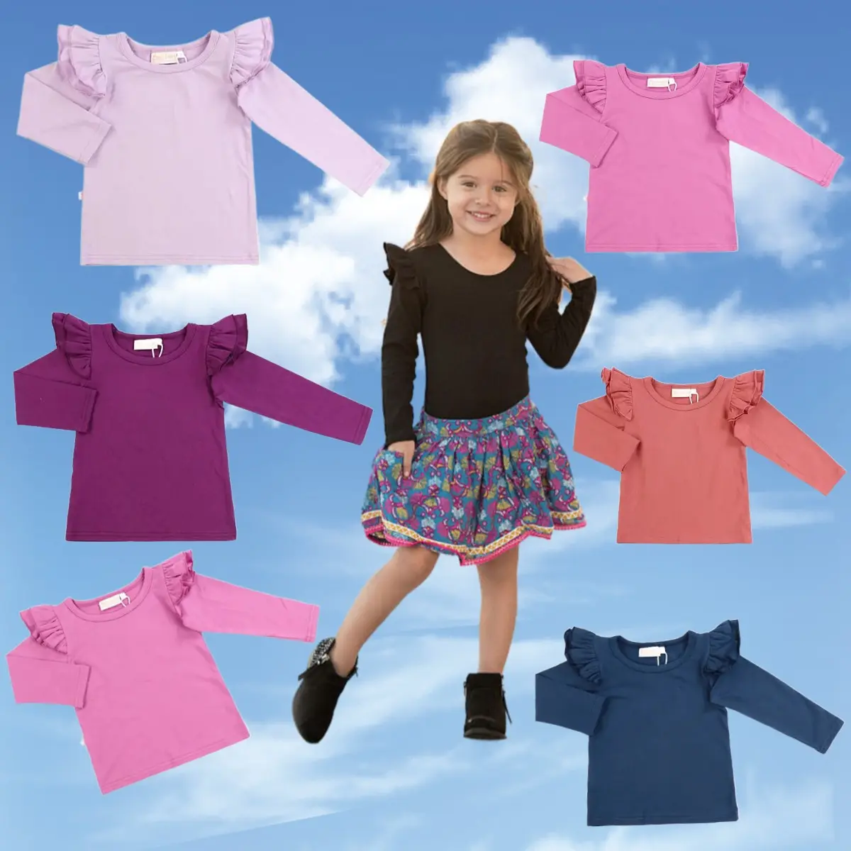 Bébé filles à manches longues col rond hauts tout-petits enfants couleur unie hauts volants chemises décontractées bébé fille fantaisie conceptions t-shirt