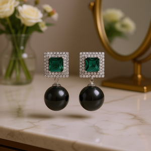 Boucles d'oreilles pendantes E2919 pour femmes, en alliage de zinc bleu et blanc, imitation perle émeraude, sertissage pavé, bijoux de fête géométriques et tendance - Product Image 2