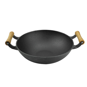 Wok rond pré-assaisonné en fonte noire à double manche en bois avec couvercle pour cuisinière à gaz et à induction <span class=keywords><strong>Pot</strong></span> en métal - Product Image 2