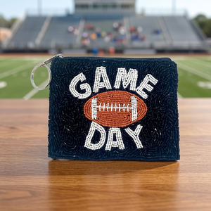 Jaunty Game Day <b>Football</b> Sewn Beaded Coin Purse Zipper Pouch <b>Canvas</b> Keychain Wallet Sport Style Mixed Colors Square Shape - Product Image 1