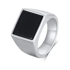 Mens Black Onyx Rings Stainless Steel Square Agate Signet Rings For Men Minimalist Stainless Steel Fashion Jewelry