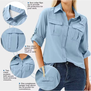 Damen Langarm-Anglerhemd mit Knöpfen, Spandex/Baumwolle, UPF 50, Safari-Outdoor, schnelltrocknend, UV-Sonnenschutz, Digitaldruck, Blau - Product Image 5