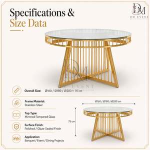 Table ronde d'événement en acier inoxydable doré avec base à tiges géométriques et plateau en verre trempé miroir, vente en gros - Product Image 5